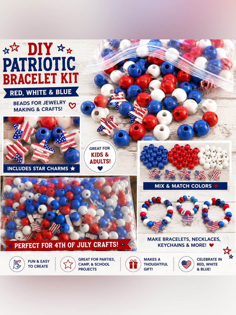 NEW Patriotic Wooden Beads Red White Blue DIY Jewelry Making Kit Stars